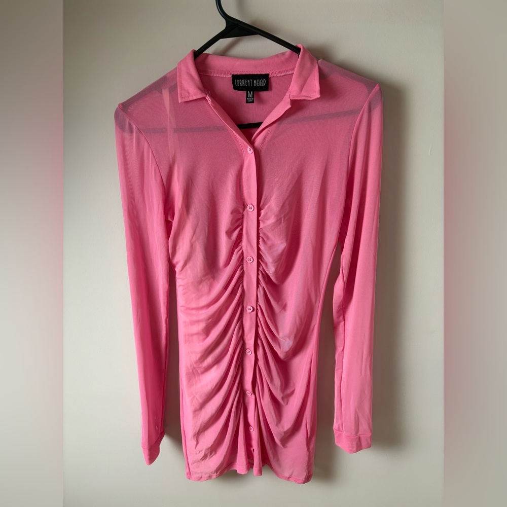 Dollskill Current Mood Sheer Pink Ruched Long Sleeve Button mini Dress